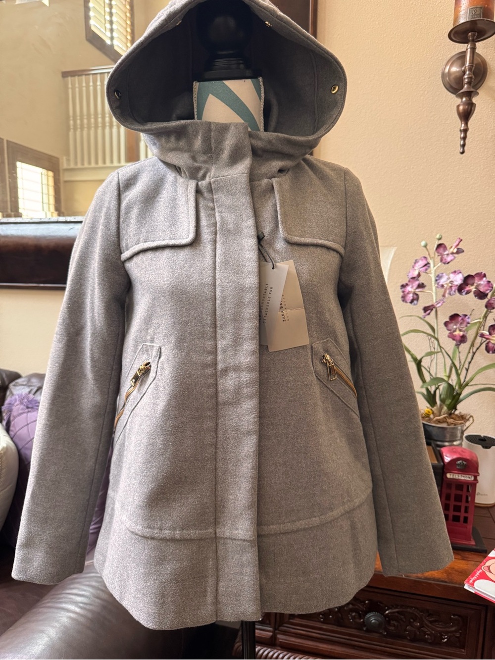 ✅NEW “ZARA Basic Outwear” Women’s Gray Hooded Coat with Faux Fur Trim